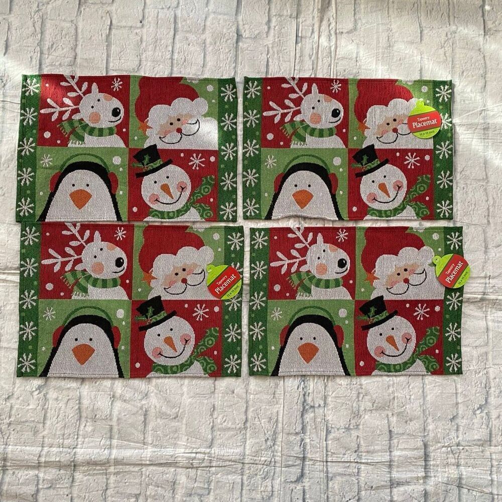 Christmas tapestry placemat 4 pack 13”x19” reindeer,pengiun,santa & snowman